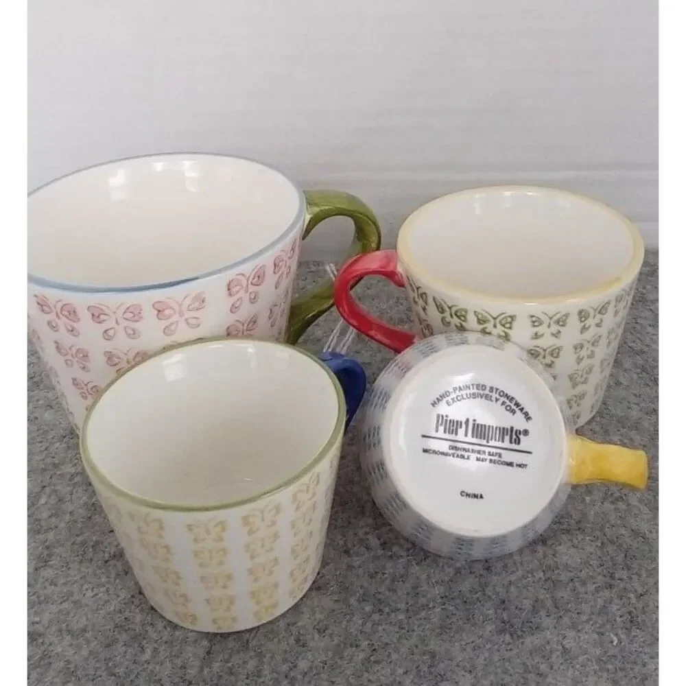 Pier 1 Imports Butterfly Pattern Ceramic Cups Set‎ - Colorful Handles - Vintage